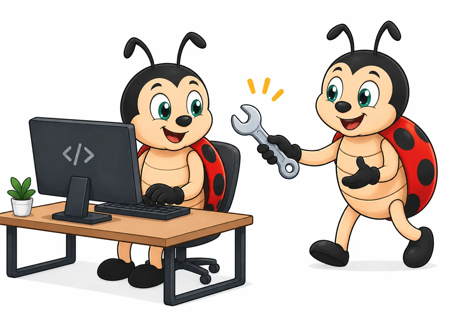 Buggerspot bug mascot presenting a developer tool